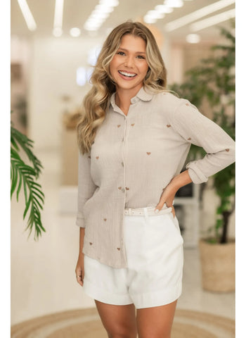 Shirt - Beige Mini Hearts
